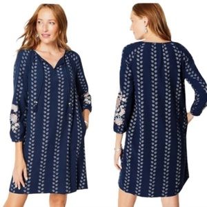 J. Jill Floral Embroidered Peasant Tunic‎ Blue Batik Print Dress